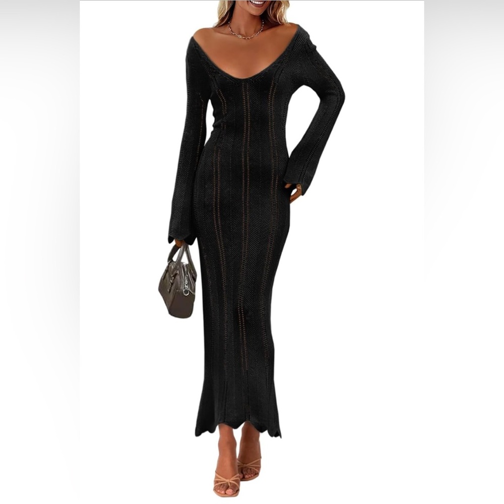 Elegant Black Crochet Maxi Coverup Dress